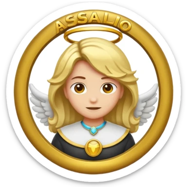 "Um emoji de anjo com cabelos loiros, um halo, asas, segurando um sinal de 'compartilhar' em letras em negrito." sticker
