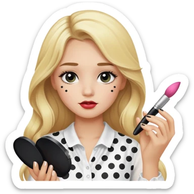 niña rubia con pelo largo y blusa blanca con lunares y maquillandose sticker