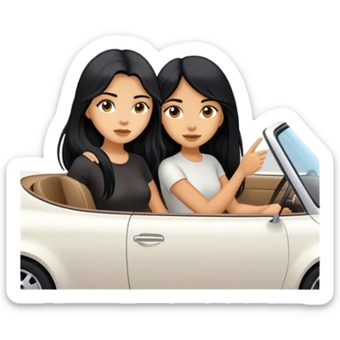 Two girls both with black long hair in a white car driving to a destination sticker