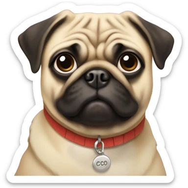 A pug with a collar that says “Coco” sticker