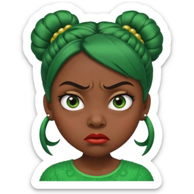 Create a 3D cartoon-style girl character with dark skin, round face, angry expression, big wide eyes, and tightly styled double buns made of green beaded hair. The girl should look irritated, eyebrows sharply angled, and lips pressed in a frown. sticker