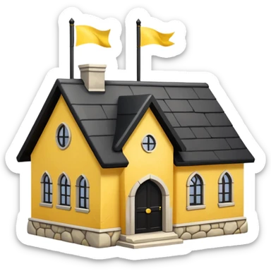 simple magic school, low detail, white background, magic school, black roof, with a big flag, big flag on a roof, big yellow flag, white school sticker