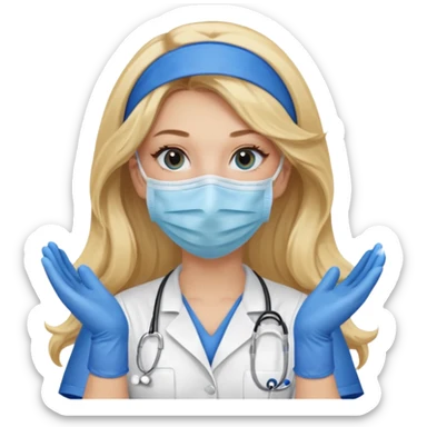 enfermera rubia con pelo largo, con mascarilla y guantes azules sticker