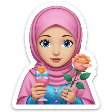 Turkish beautiful finish Konya girl blue eyes with  pink hijab islamic dress and had on her hand Glittery rose mocktail with orange light pink roses sticker