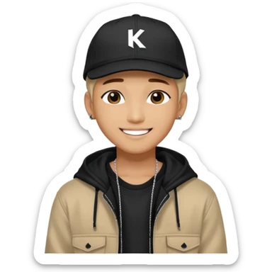 Portrait of a male K-pop idol, wearing a stylish streetwear outfit with layered clothing, makeup, wearing a black cap, happy sticker