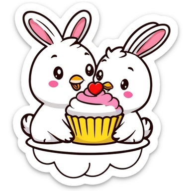 bunny and chick sharing cupcake with hearts floating, cartoonish sticker style sticker