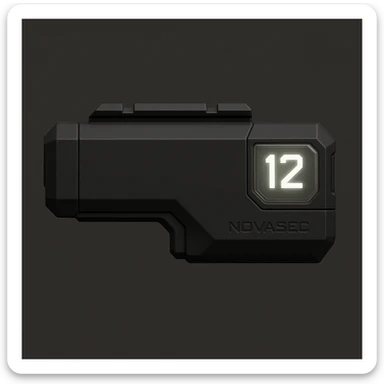 3D-rendered orthographic left view of the NOVASEC LUMA 12 underbarrel firearm attachment: compact, single-piece black matte module, elongated rectangular shape with beveled edges, glowing white prism-shaped ammo counter displaying '12' with cut corners and transparent cover, attachment rail insert on top, minimal tactical design, subtle NOVASEC branding, dark neutral background, soft lighting, no perspective or tilt, technical reference style sticker