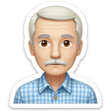Skinny man in his 70s with fair skin. Long narrow face. Gentle light brown eyes. Fine straight white hair with light bangs touching eyebrows. Thin eyebrows. White goatee connected to mustache. Slender appearance. Wearing a light blue and beige checkered button-up shirt. sticker