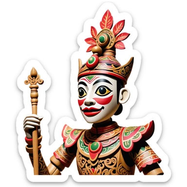 Golek Ayun-ayun – Cinematic Realistic Wayang Golek Ayun-ayun, depicted as an intricately carved traditional wooden puppet with vibrant painted details and expressive features, set on a dimly lit stage with dramatic shadows that evoke centuries of Indonesian theatrical heritage, rendered with lifelike textures and subtle ambient glow. sticker