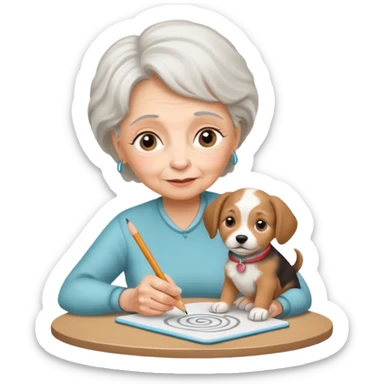 An elderly woman sketching her puppy face on the spiral pad. sticker