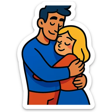 tall dark-haired male cuddling his short blonde girlfriend, vibrant toon style sticker