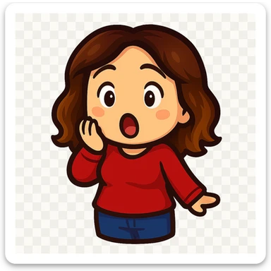 Sticker style chibi emote, matching the attached green heart emote as a base. Woman from reference, red blouse and blue jeans, surprised/shocked, cute surprised face, no headband, no wand, transparent background. Top color should not match jeans. sticker