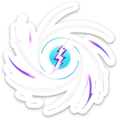 futuristic minimalistic logo icon, abstract glowing storm swirl made of neon purple (#8B5CF6) and cyan (#00E0FF) lines, representing Storm team energy and speed, digital lightning core, dark background, no face, tech-style emblem, 1:1 aspect ratio sticker