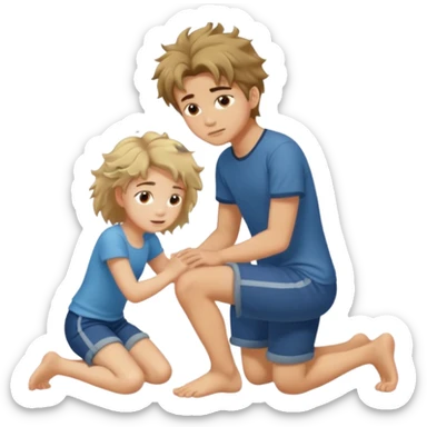barefooted boy with messy hair putting his foot on a kneeling girl sticker