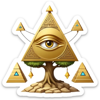 Annunaki tree from Garden of eden, that is actually a ancient tech antenna with illuminati all seeing eye in traingle symbol at the top and with little pyramids hanging like apples sticker