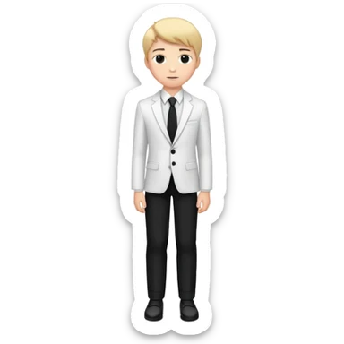 teenage boy in black trousers and white suit shirt with a black and white tie sticker