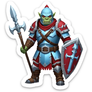 
Fantasy Christmas orc legion soldier icon, iron tundra army theme, heavy winter armor, disciplined brutal look, icy blue steel armor with deep crimson accents, frozen metal texture, cold winter atmosphere, clean readable emoji style
 sticker