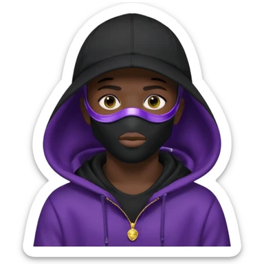 no visible face cartoon blacked character related to a shadow, with all black clothes, focusing a hoodie with his cap on, and a versace face mask covering his entire face, just his purple shadow eyes making a light bloom sticker
