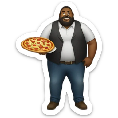fat bearded black man with a pizza and an aligator sticker