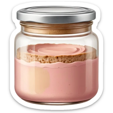 small glass jar filled with coarse beige to light pink pâté, smooth slightly uneven surface, metal lid, visible layers of texture through transparent glass, fine fat cap on top, no label, no garnish, no bread, sealed jar, soft lighting, subtle shadows, emoji scale sticker