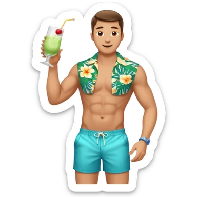 human male Unbuttoned Hawaiian shirt, swim trunks, shaking a cocktail shaker (sparks flying) sticker