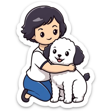 Woman with short black straight hair hugging a brown poodle and a white bichon frise sticker