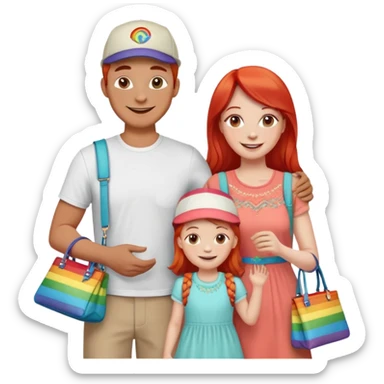 A happy family of four - father in white t-shirt and cap, mother with red hair in coral dress, young daughter in matching dress with rainbow handbag, teenage son in light embroidered shirt, all smiling together sticker