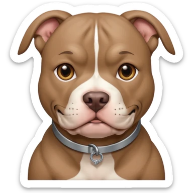 Large taupe colored pit bull with an adorable face sticker