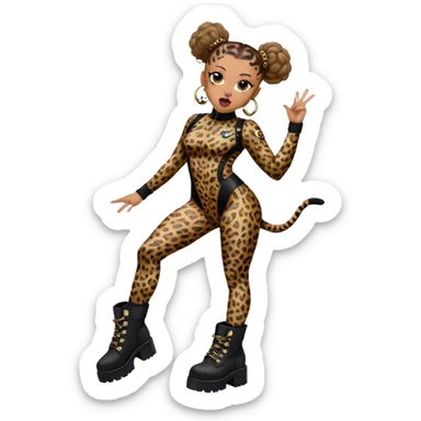 Melanie Brown with her hair in space buns and wearing a tight leopard print bodysuit and black combat boots, she’s showing off her tongue ring sticker