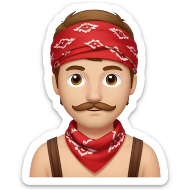 White man with brown hair and a short brown mustache wearing a  red bandana around his neck sticker