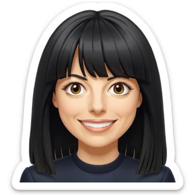 Claudia Winkleman with a very thick long fringe sticker