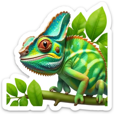 cinematic giant-smiling. chameleon-realistic emoji,-blending-with-vibrant-greenery.-detailed-scales-in-shifting-colors,-showing-the-chameleon’s-ability-to-camouflage.-soft-natural-light-highlights-its-texture.-light-background, zoomed into its face sticker