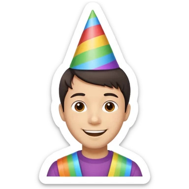 Young man, short hair, rainbow birthday party hat, cheerful expression sticker