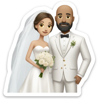 bride with long brown hair and bald dark bearded groom with white suit sticker