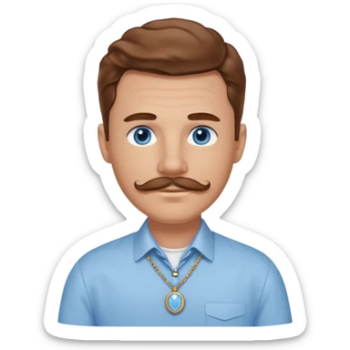 Benson Boone blue eyes, brown wavy hair and mustache, light blue dress shirt with necklace sticker