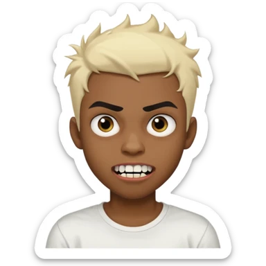 Black Male Teenager with Short punk messy blonde hair, Dark brown bushy eyebrows large expressive golden-brown eyes, wearing a plain white t-shirt, Dark Brown skin color. vampire tooth sticker