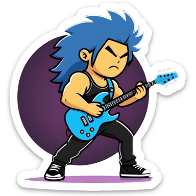 Super strong rockstar on the guitar while being shined on by a massive spotlight with his hair blowing and a cool aura sticker