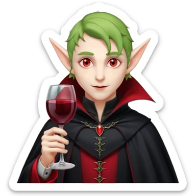 male elf vampire emoji, pale skin, red glowing eyes, long pointed ears, black high-collared cloak with red lining, holding a wine glass filled with red liquid, elegant Halloween fantasy look, smooth Apple emoji style, clean white background, square image sticker