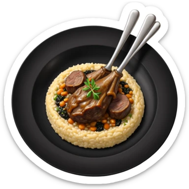 Lamb Shanks with Risotto Nero on a black plate-no cutlery  sticker
