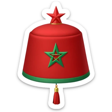 Red Moroccan fez hat with a flat top, straight sides, a green five-pointed star on the front, and a thin black tassel hanging from the right side. sticker