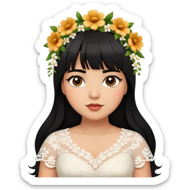 Latina girl with bangs black long hair plus size white lace dress with flowers sticker