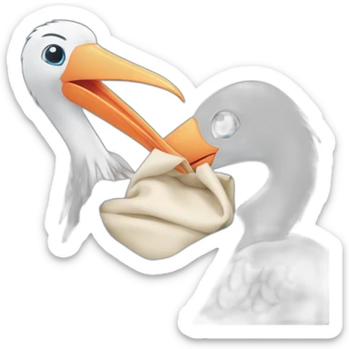 White stork carrying a blue bundle of cloth in its beak that has a human person cute baby human and the human baby head is peeking from the fabric bundle the strok is carrying in its beak sticker