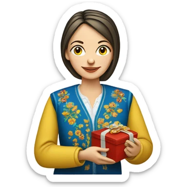 A female teacher in Ukrainian embroidery holds a gift in her hand sticker
