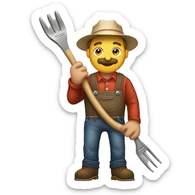 a farmer holdinga pitch fork with anned sk sticker