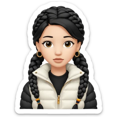 generate a pretty bratz girl with a WHITE puffer jacket, hoops, long braided hair black sticker