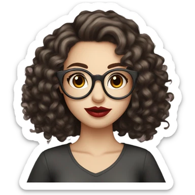 girl, dark brown hair, big lashes, big lips, curly hair, glasses, dark brown eyes, pale skin, red lips, long hair, holding starbusk sticker
