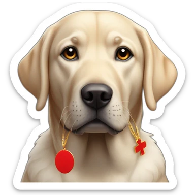 Labrador de couleur noir avec un bandeau rouge et une médaille sticker