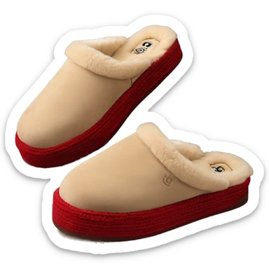 Camel slip-on slippers. thin red woven bohem zig-zag trim on the cuff, and a thick platform sole. “UGG” sticker