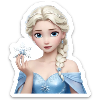 Cinematic Realistic Elsa Portrait, depicted with lifelike skin texture, soft natural lighting, and intricately detailed platinum blonde hair styled elegantly. Her striking, expressive blue eyes exude confidence and grace, complemented by a serene and regal expression. She holds a shimmering snowflake delicately in one hand, her other hand resting against her gown, embodying the power and beauty of winter. She is dressed in her signature icy attire, with shimmering fabric textures and delicate folds that catch the light beautifully. The portrait features a soft, enchanting glow with a cool, radiant finish, capturing the essence of timeless elegance in a realistic and painterly style. sticker