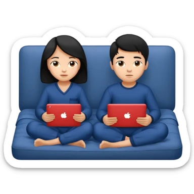 black haired boy and girl in navy blue pajamas , watching movie on laptop sticker